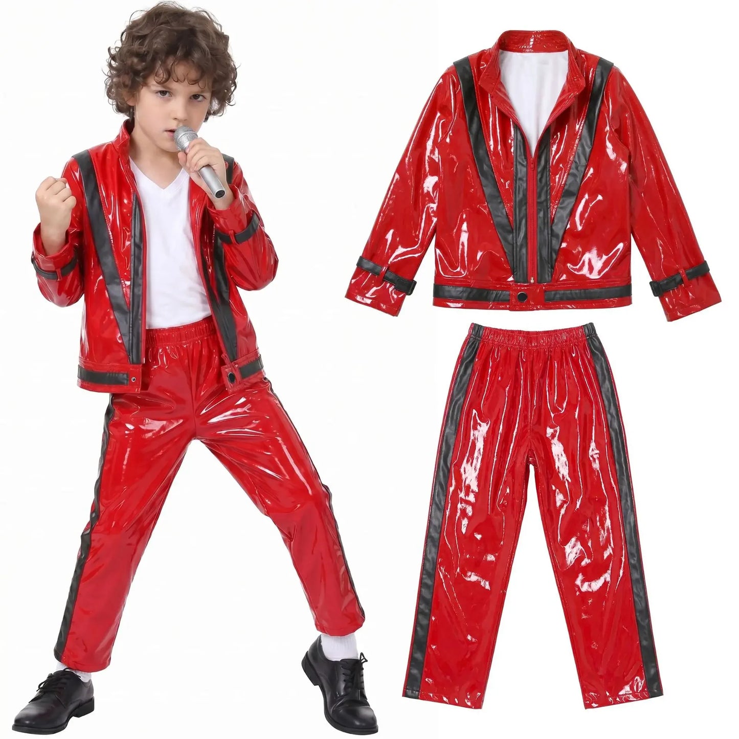 MJ Michael Jackson Thriller Kids Costume Red Black Leather Jacket Pants Boys Halloween Stage Cosplay Outfit