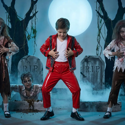 MJ Michael Jackson Thriller Kids Costume Red Black Leather Jacket Pants Boys Halloween Stage Cosplay Outfit