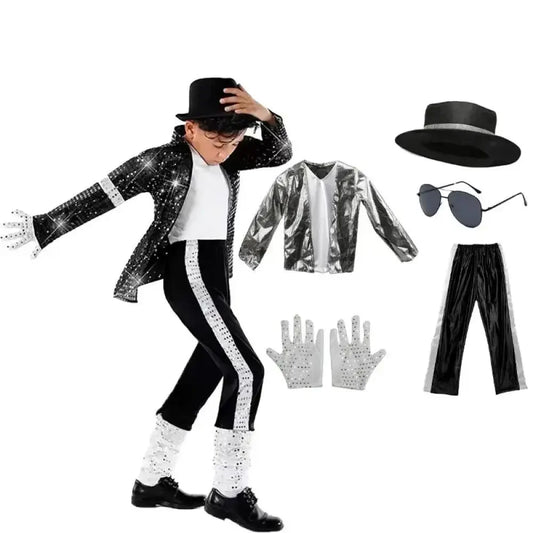 Kids Boy Michael Jackson Billie Jean Cosplay Black Suit Dance Disco Halloween Fancy Dress Up 80s Pop King Costume for Top Pants