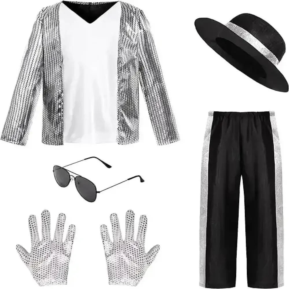 Kids Boy Michael Jackson Billie Jean Cosplay Black Suit Dance Disco Halloween Fancy Dress Up 80s Pop King Costume for Top Pants