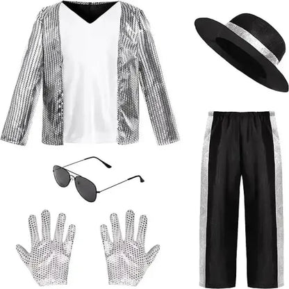 Kids Boy Michael Jackson Billie Jean Cosplay Black Suit Dance Disco Halloween Fancy Dress Up 80s Pop King Costume for Top Pants