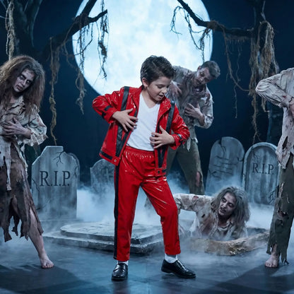 MJ Michael Jackson Thriller Kids Costume Red Black Leather Jacket Pants Boys Halloween Stage Cosplay Outfit