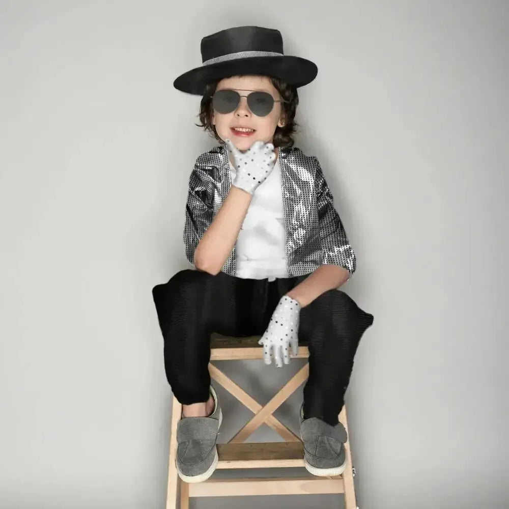 Kids Boy Michael Jackson Billie Jean Cosplay Black Suit Dance Disco Halloween Fancy Dress Up 80s Pop King Costume for Top Pants